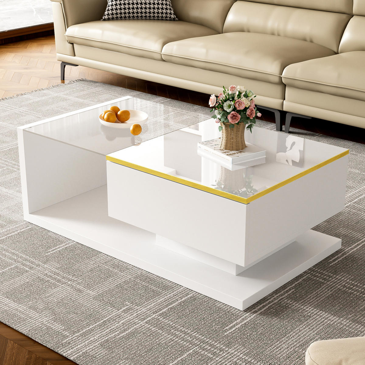 COUCHTISCH 90/50/32,5 cm in Hochglanz-Weiß mit LED-Beleuchtung und Glasplatte - Weiß, Holzwerkstoff (90/50/32.5cm) - Flora Grace