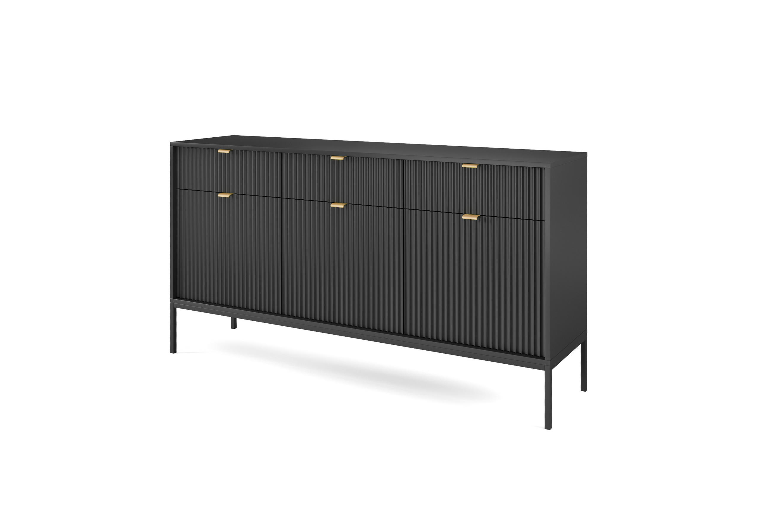 KOMMODE NOVA - KSZ154, Geriffelte Fronten, goldene Griffe 154x39x83 cm Schwarz - Schwarz, Holzwerkstoff/Kunststoff (154/83/39cm) - DomoHome