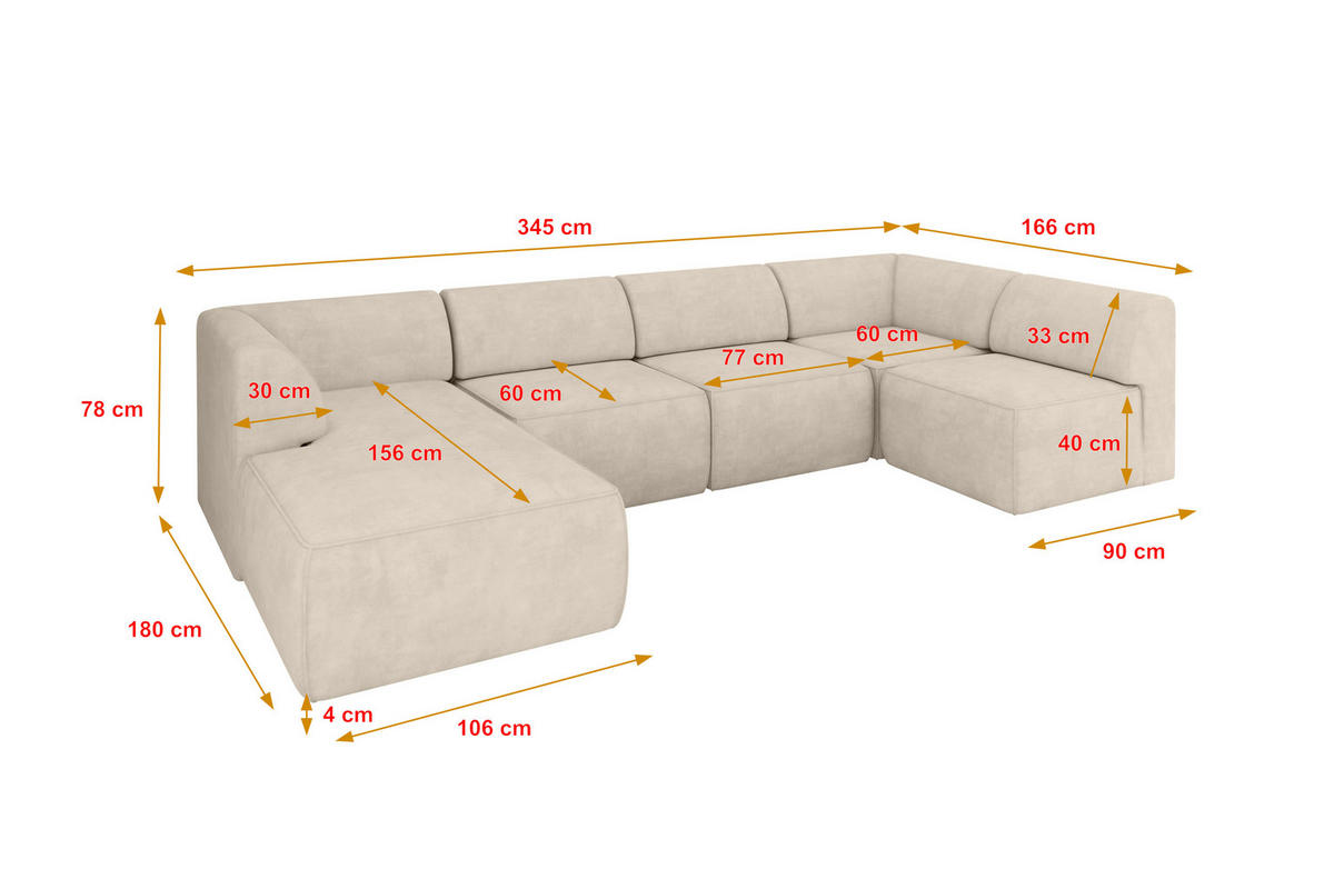 WOHNLANDSCHAFT Ottomane Links MOVO-L 345x180x78 cm Beige Velours - Mokka, Holzwerkstoff/Kunststoff (345/78/180cm) - ALTDECOR