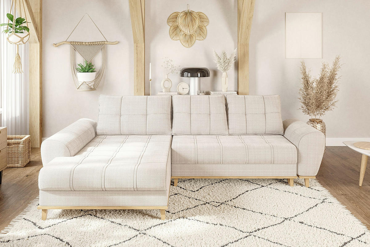 ECKSOFA im Scandi-Stil, Schlaffunktion, Bettkasten B268/T175/H86 cm, Ottomane links, Liegefl. 128x209 cm, Bouclé Chenille Stoff in Beige / 21014 - Eichefarben/Beige, Holz/Textil (268/175cm) - luma-home
