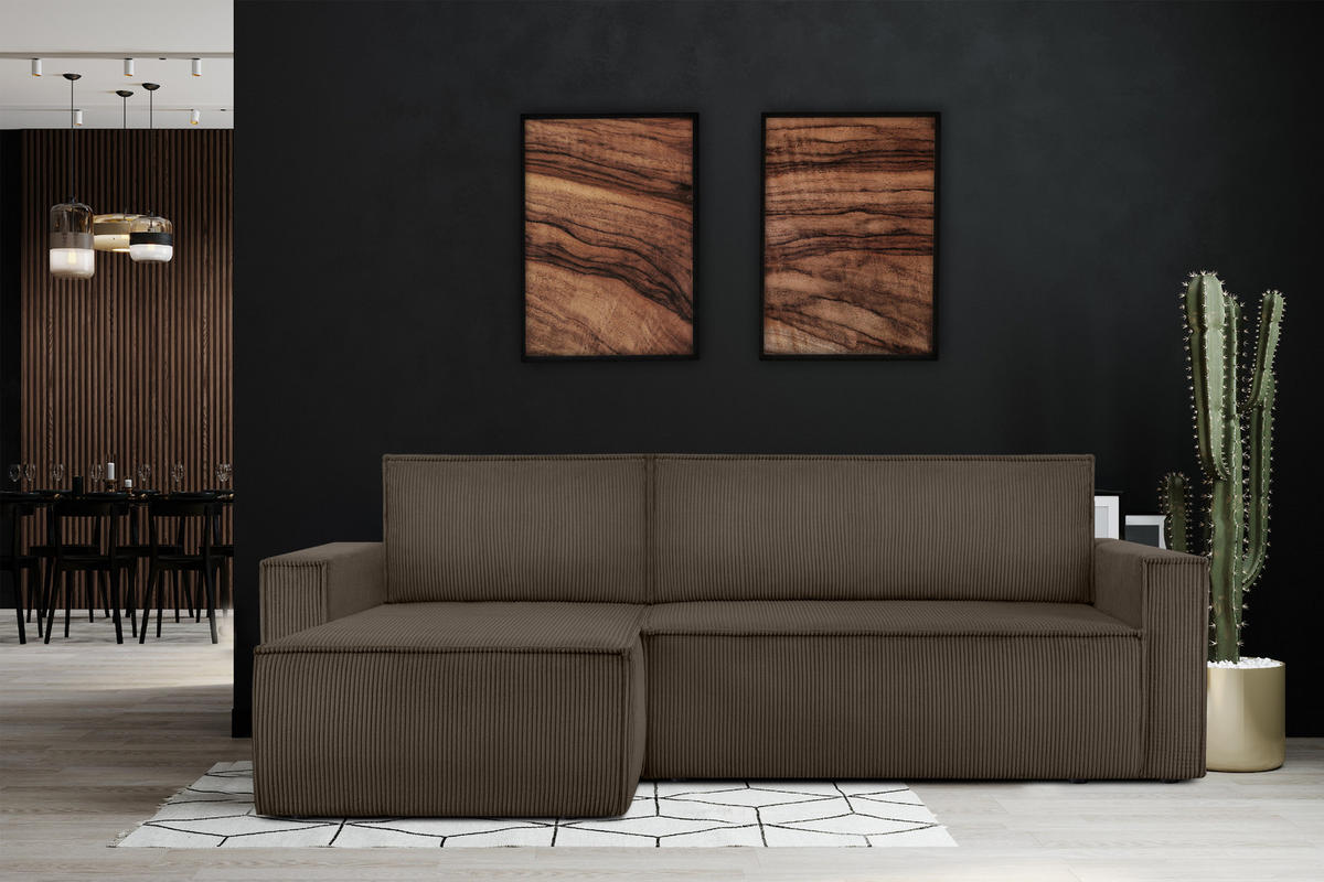 ECKSOFA-LINKS/RECHTS NAPI Schlaffunktion mit Cordbezug, braun - Schwarz/Braun, Textil (246/148cm) - KONSIMO®