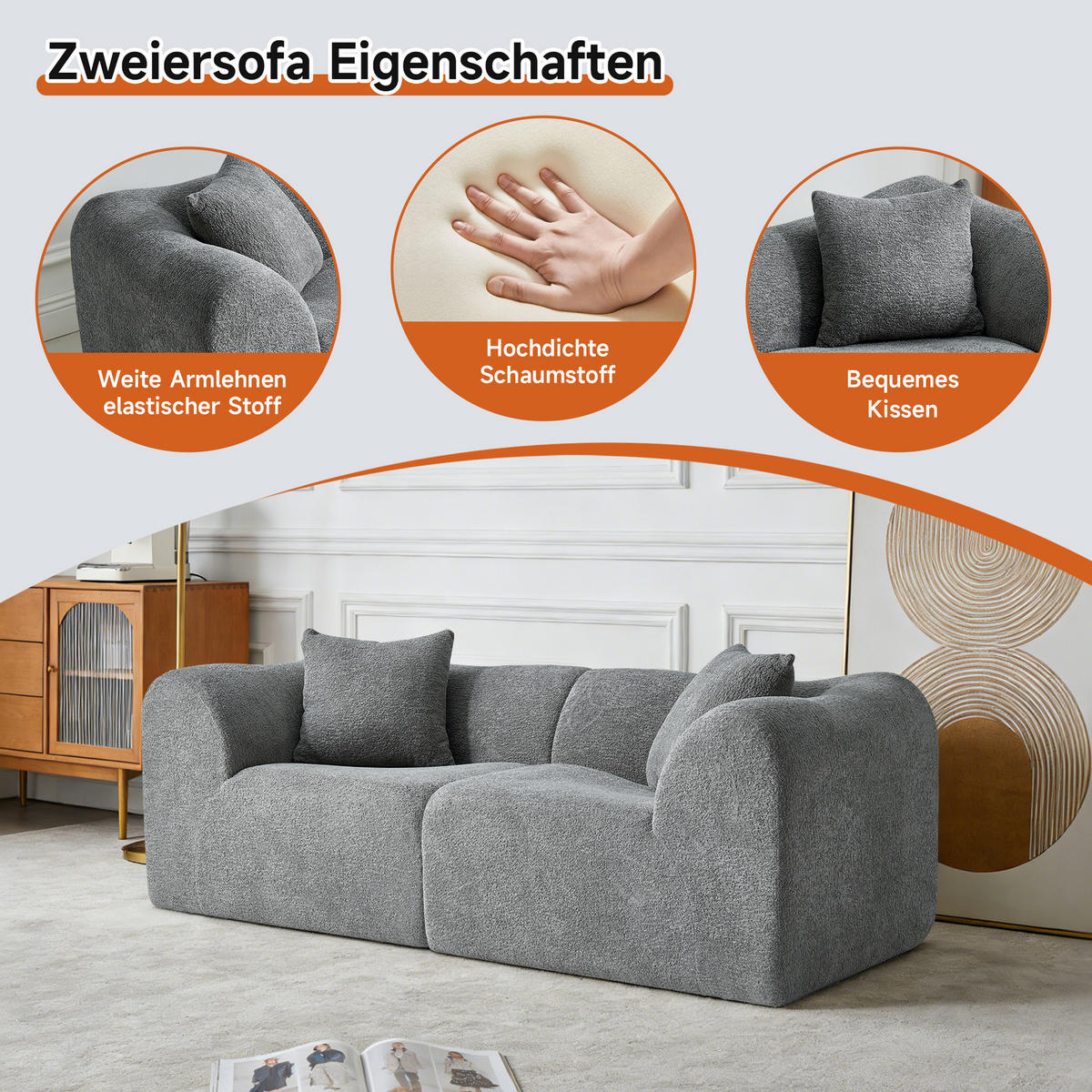 2-SITZER Sofa Samt mit Kissen und Anti-Rutsch-Pads 193/87/67 cm Grau - Grau, Textil (87/67/193cm) - Redom