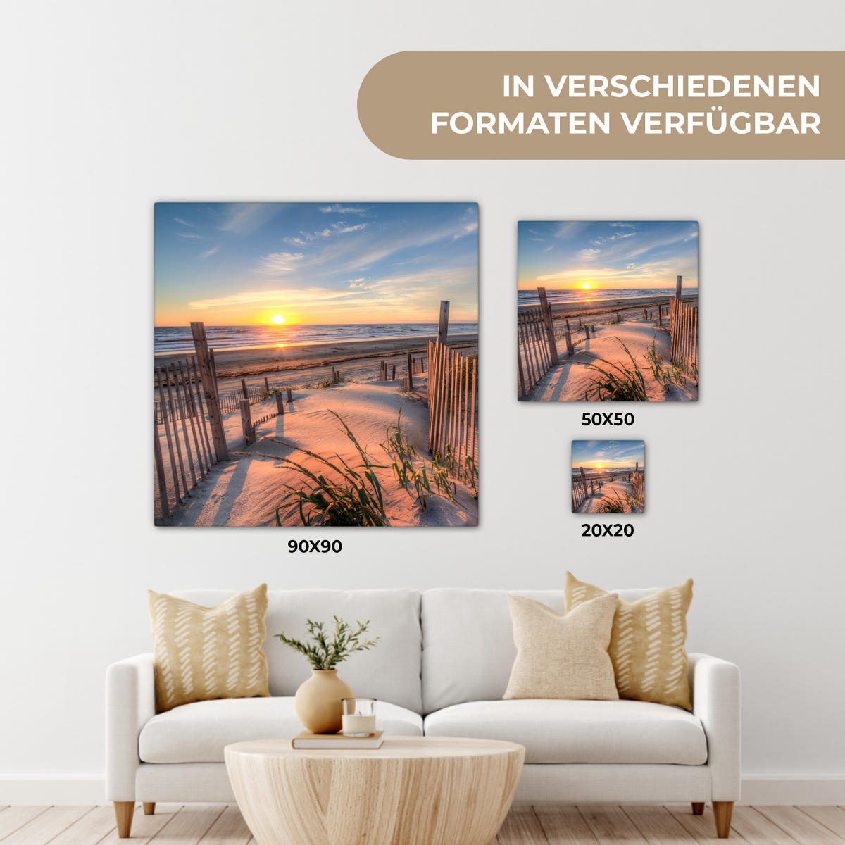 LEINWANDBILD Strand - Meer - Düne - Sonnenuntergang - Landschaft 50x50 cm - Beige, Textil (50/50cm) - MuchoWow