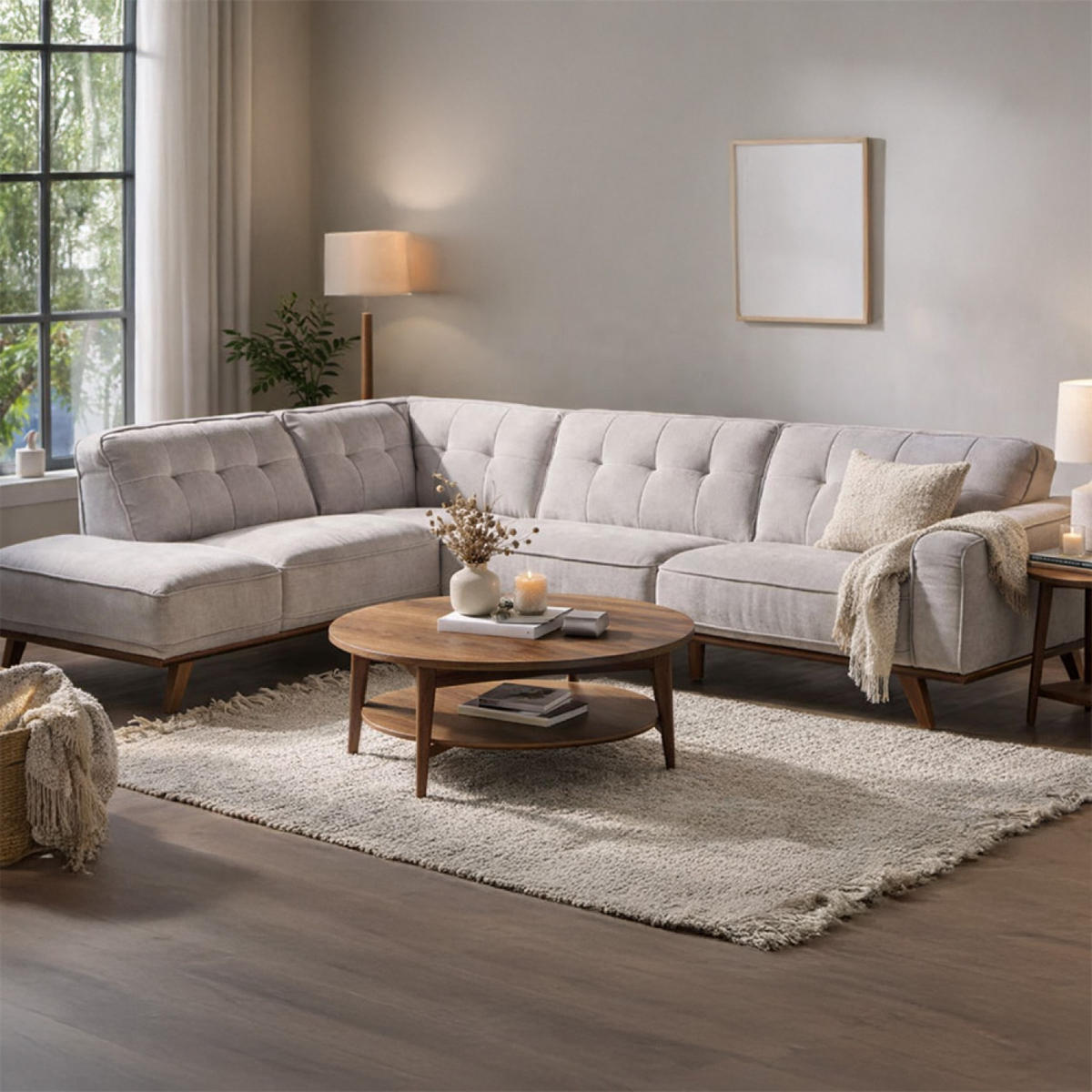 ECKSOFA York Grau 5-Sitzer Stoff - Grau, Holz (95/206cm) - Concept Usine