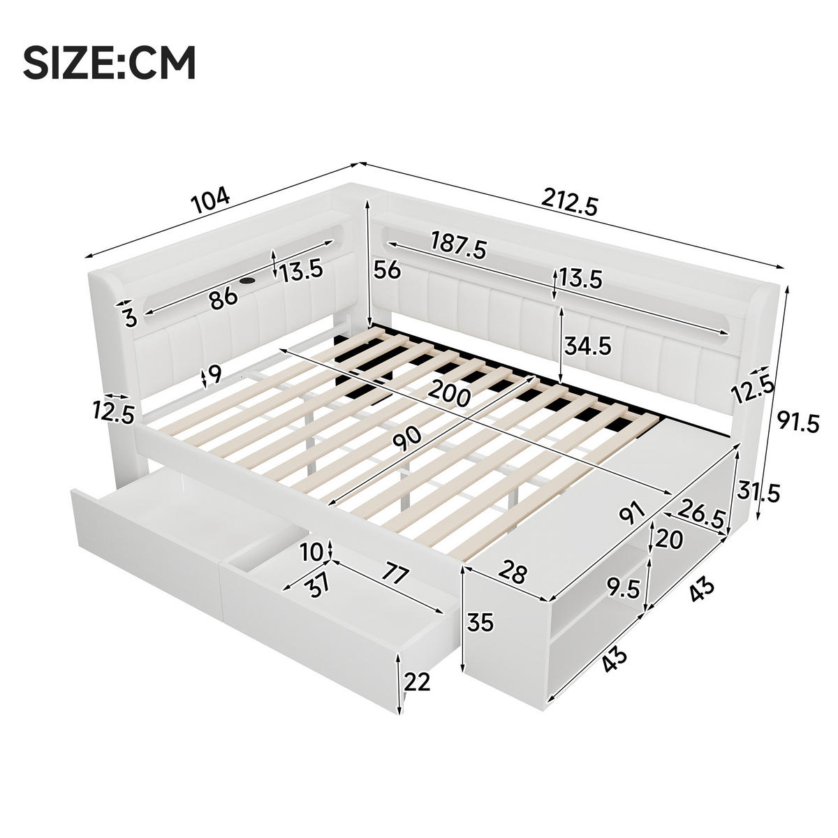 JUGENDBETT 90/200 mit LED, USB, Schuhschrank und zwei Schubladen in Weiß - Weiß, Holzwerkstoff/Textil (90/200cm) - EVRYAE