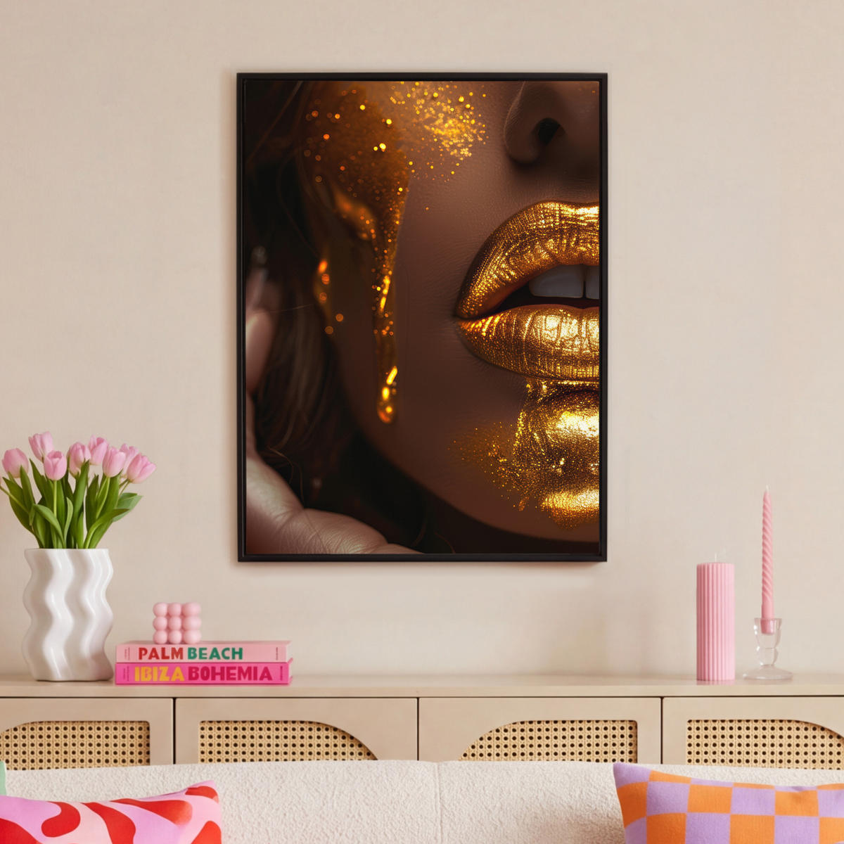 LEINWAND Bilder mit Rahmen - Frau - Gold - Luxus - Porträt - 70x100 - Goldfarben, Textil (70/100cm) - MuchoWow