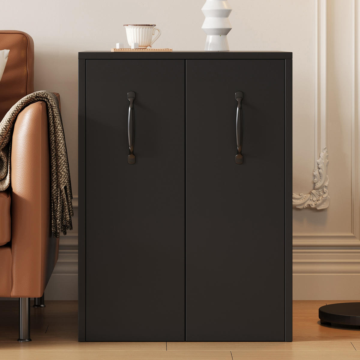 SIDEBOARD aus Spanplatte 52x50x75 cm Schwarz mit Rollen, beidseitig montierbaren Auszügen und offenen Fächern - Schwarz, Holzwerkstoff (52/75/50cm) - Modfu