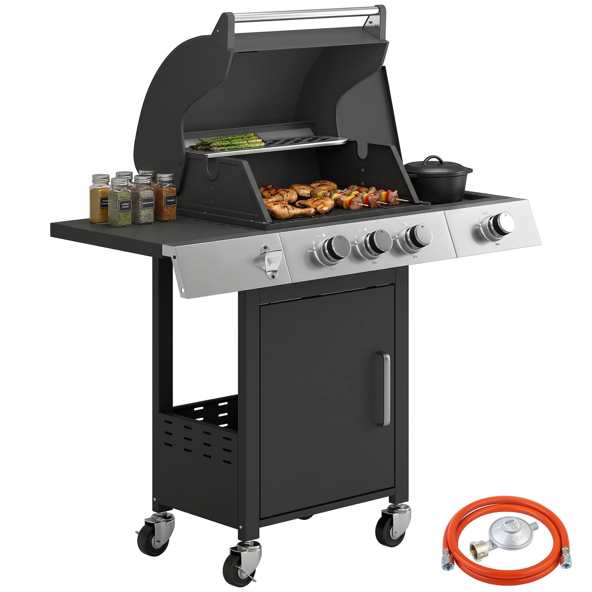 GASGRILL DE-10249 3+1 Brenner, 10,5 kW Edelstahl - Schwarz, Metall (50/109/109cm) - ComfortXL