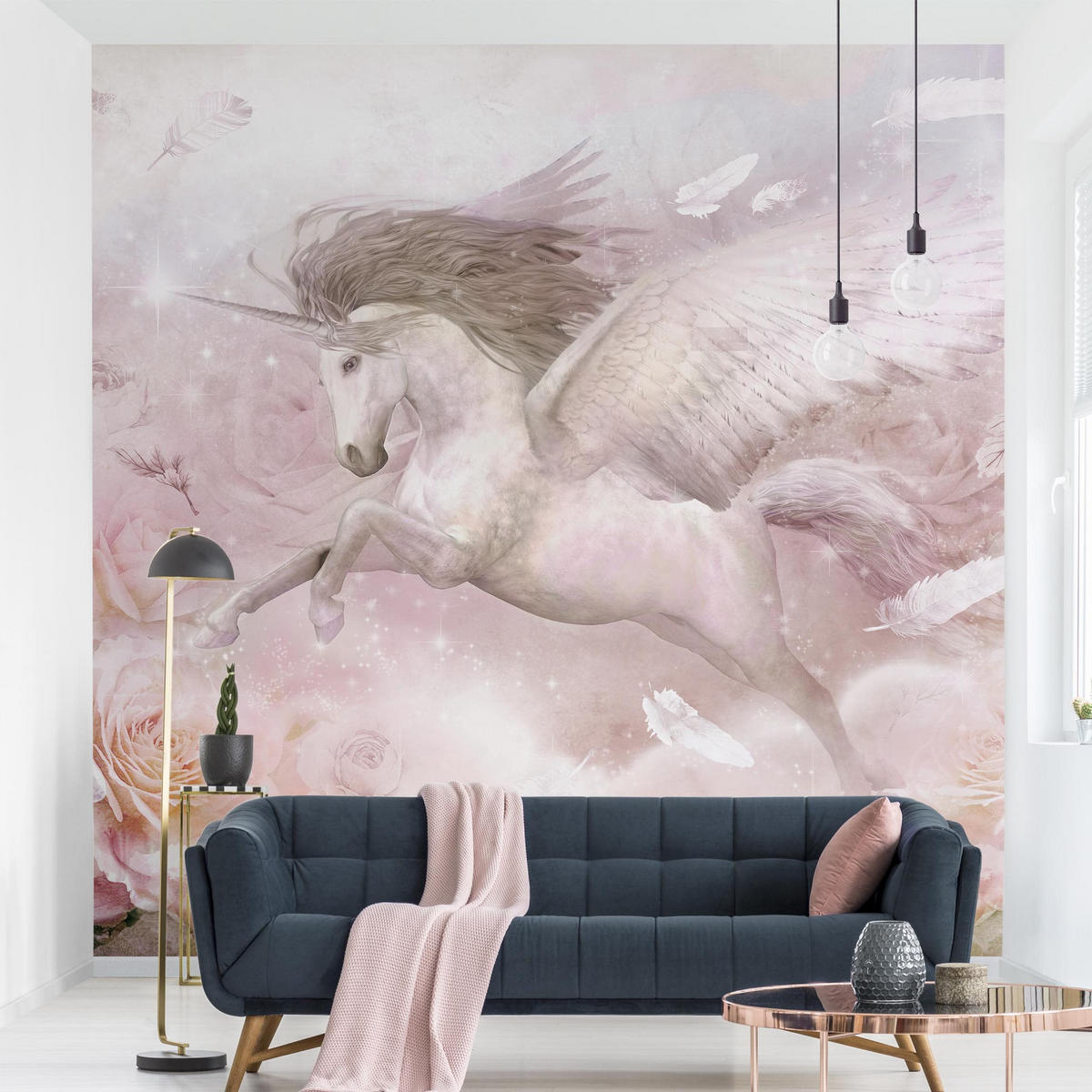 FOTOTAPETE Pegasus Einhorn mit Rosen 192/192 cm - Rosa, Papier (192/192cm) - Bilderwelten