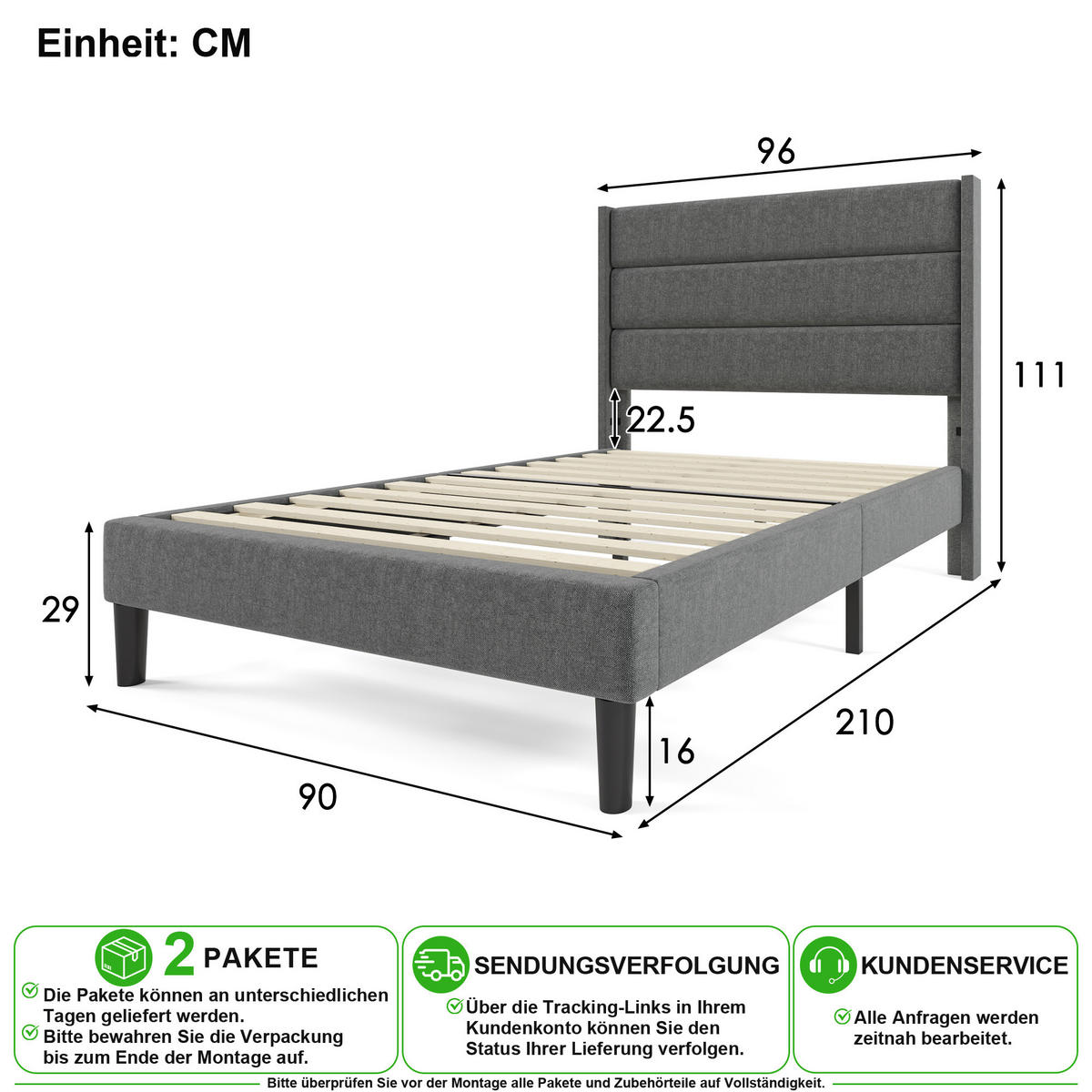 POLSTERBETT 90/200 cm in Dunkelgrau Leinen mit Matratze - Grau, Holzwerkstoff/Textil (90/200cm) - CHICFURN