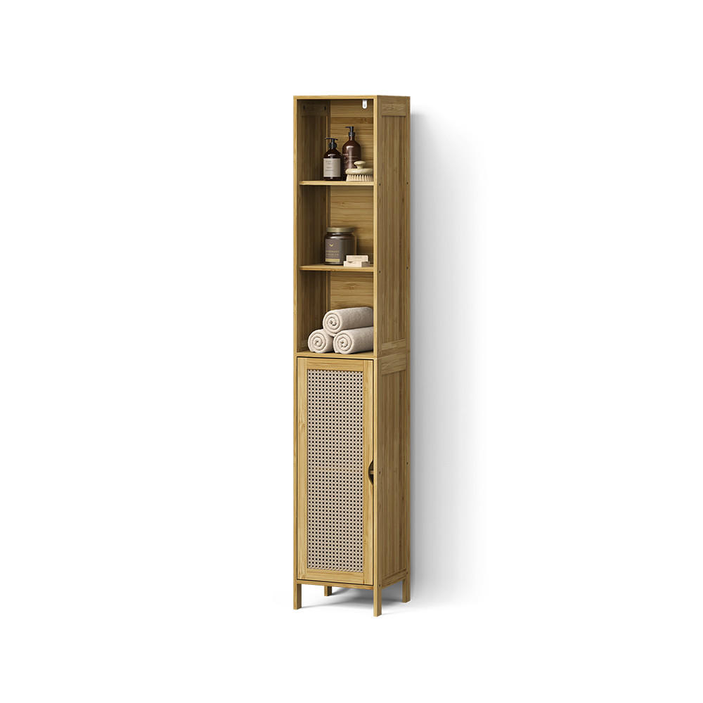 BADSCHRANK Mincio, Bambus, 30 x 170 cm mit 1 Tür - Naturfarben, Holzwerkstoff (30/170/29cm) - Livinity®