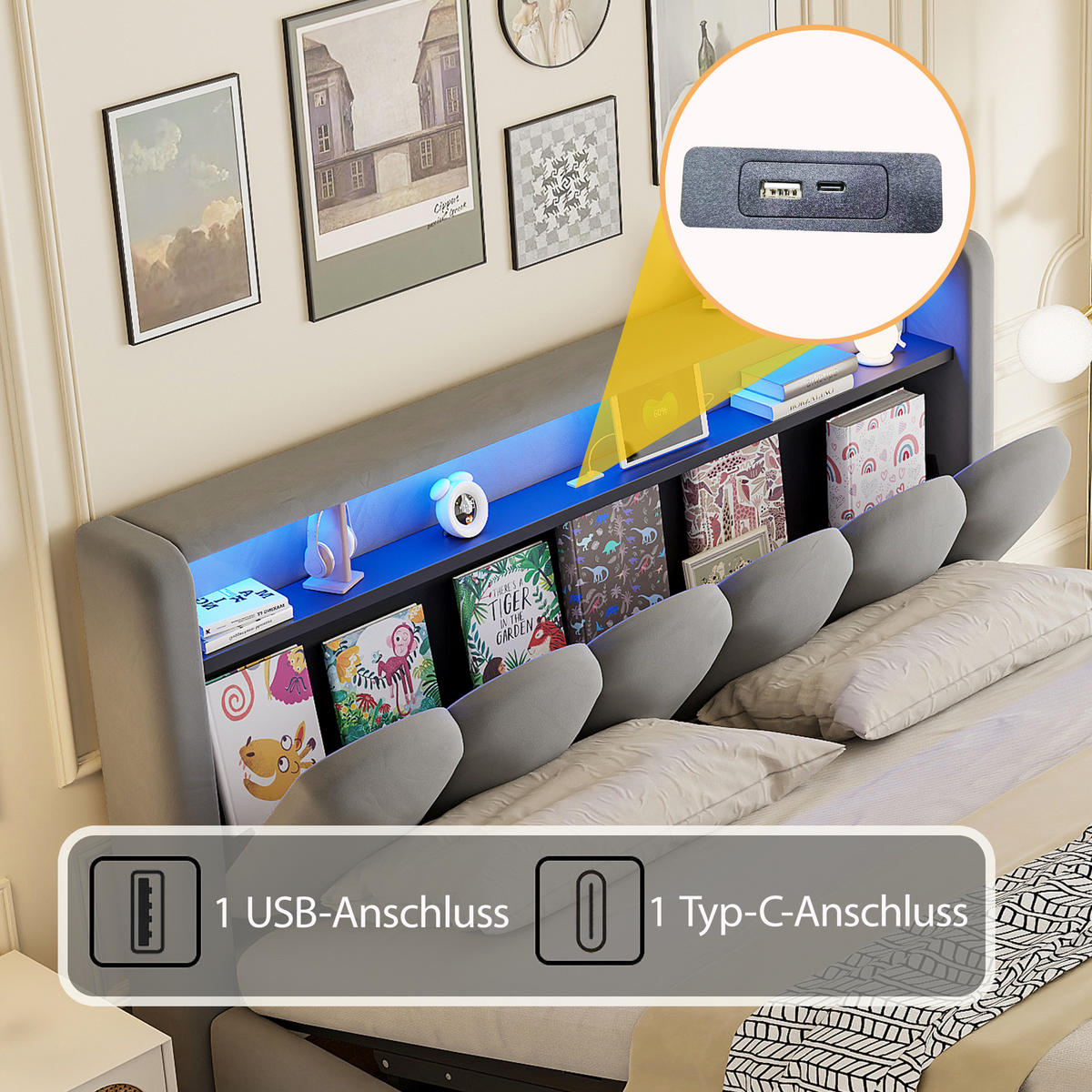 POLSTERBETT 180x200 cm LED USB Stauraum grau - Grau, Textil (180/200cm) - LEBENLANG