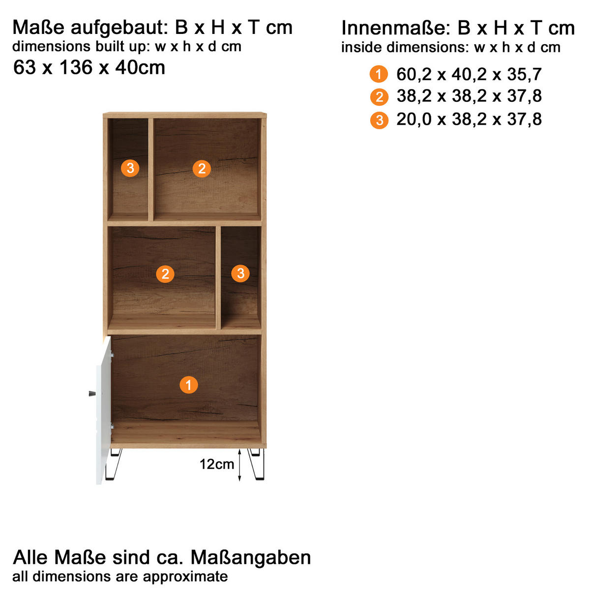 REGALSCHRANK weiß matt, Eiche Artisan 63 x 136 cm, Bücherregal mit Rautenoptik - Eichefarben/Schwarz, Holzwerkstoff/Kunststoff (63/136/40cm) - Top.Furn