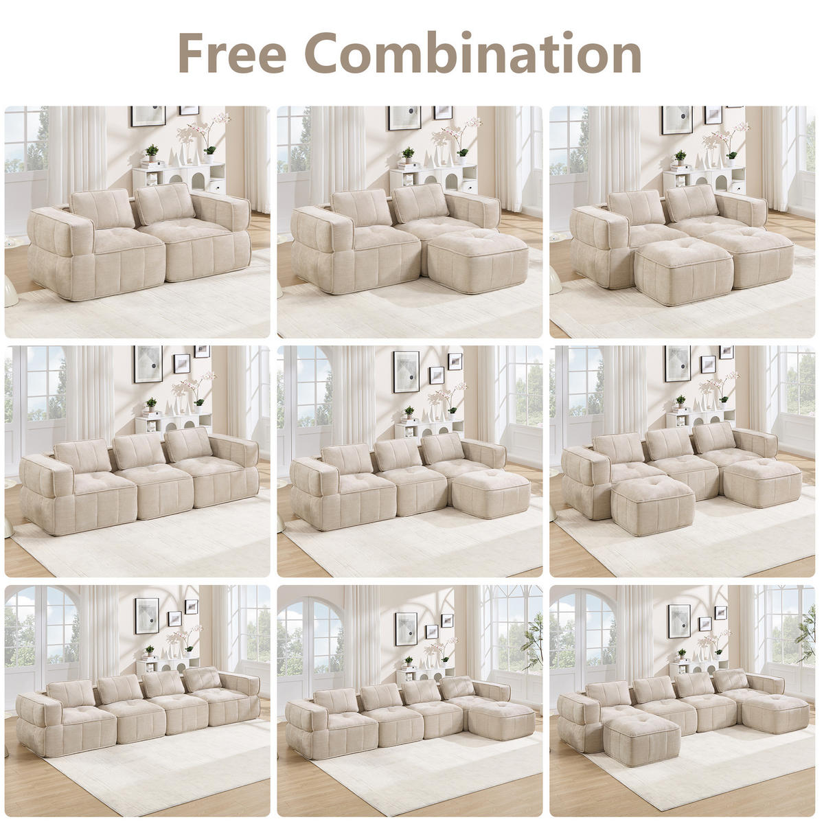 WOHNLANDSCHAFT 271/162/67 cm in Beige aus Polyester, rahmenlos und mit Hocker - Beige, Kunststoff (162/67/271cm) - Flora Grace