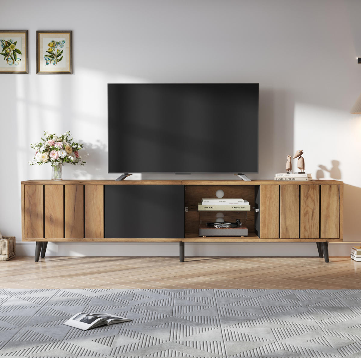TV-LOWBOARD 175/31,5/45 cm Natur/Schwarz aus Spanplatte mit 3 Türen - Hellbraun, Holzwerkstoff (175/45/31.5cm) - OKWISH
