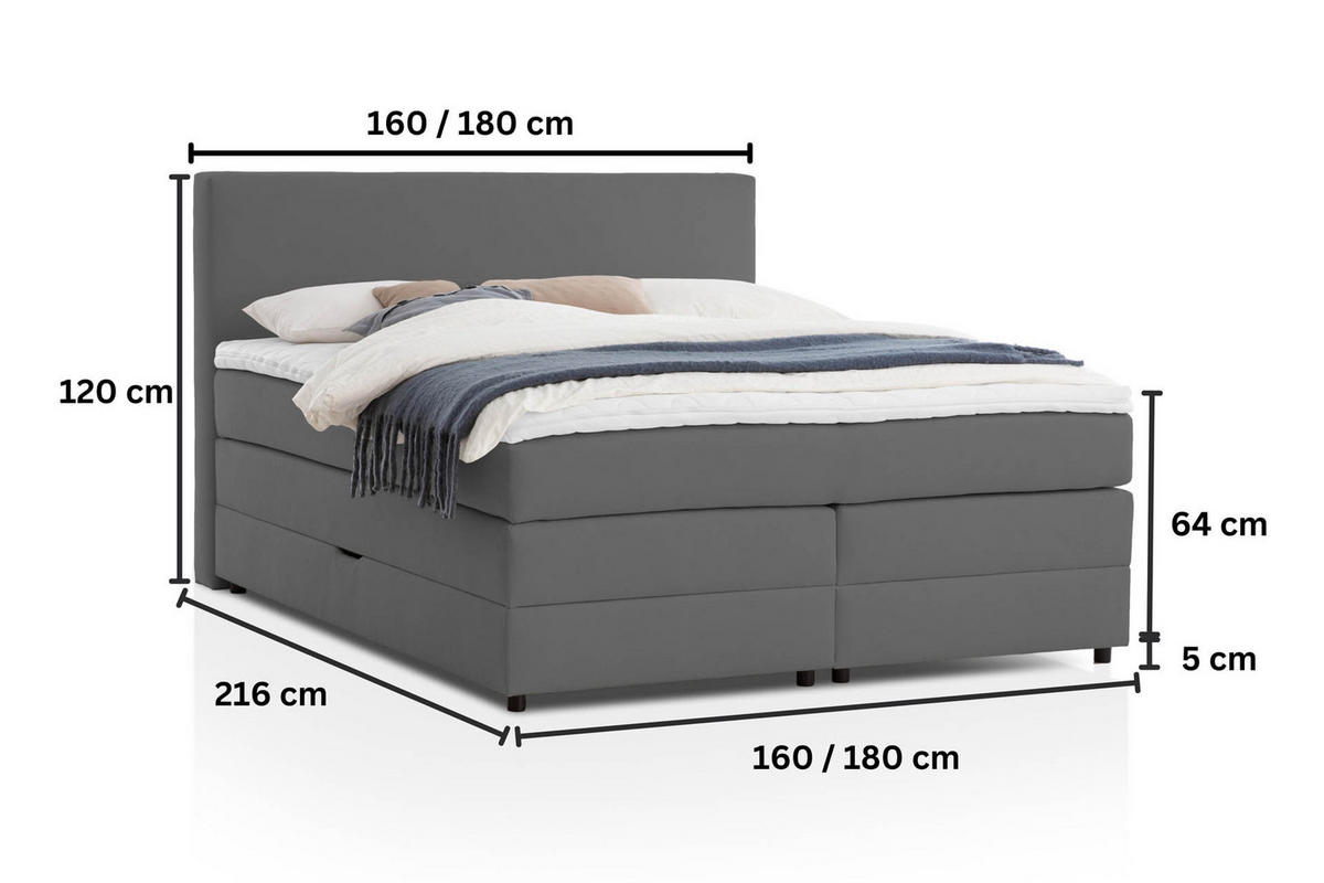 BOXSPRINGBETT LOFT 180x200 Anthrazit H2 und H3 mit Bettkasten 7-Zonen Taschenfederkern Matratze inkl. Visco Topper - Anthrazit, Textil (180/200cm) - Belanoti