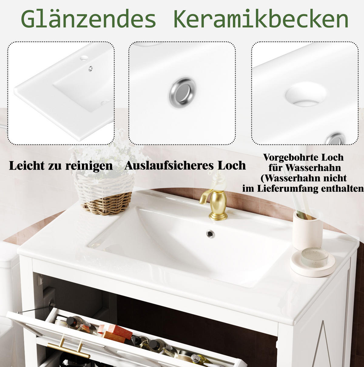 BADEZIMMERUNTERSCHRANK aus MDF 81x46,5x86,5 cm Weiß mit Keramikbecken, 3 Schubladen und Soft-Close - Weiß, Holzwerkstoff (81/86.5/46.5cm) - Modfu