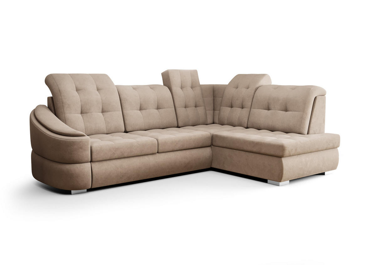 ECKSOFA KONGO RBN09, Eckcouch in L-Form mit Schlaffunktion, Farbe: Beige, Velourstoff, Ottomane Rechts - Beige, Textil (260/180cm) - O-Sofa