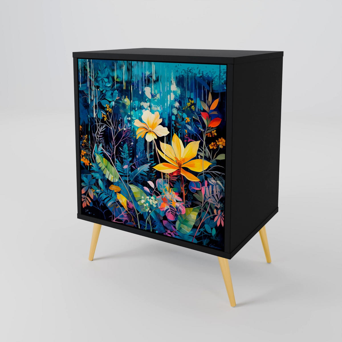 SIDEBOARD MIDNIGHT BLOSSOM, Schwarz, 57,5x42x72,5 cm, Schwarze Metallfüße - Multicolor/Schwarz, Holzwerkstoff/Metall (57.5/72.5/42cm) - SpaceRebels