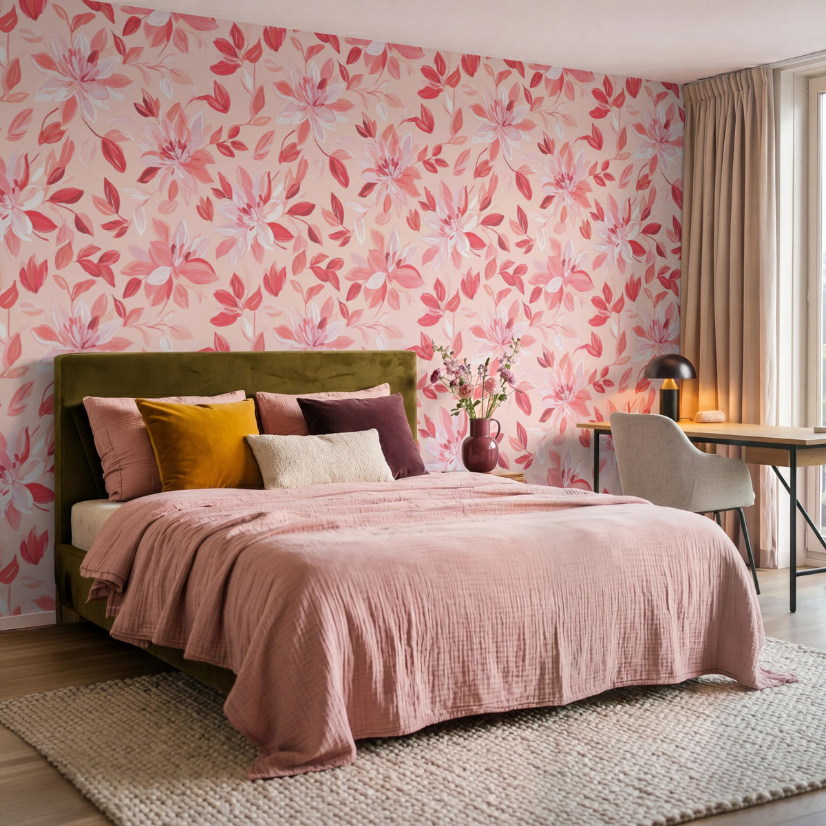 TAPETE - Botanisch - Blumen - Rot - 300x200 cm - Koralle, Papier (300/200cm) - OnlyWow
