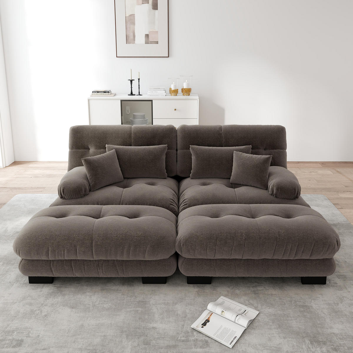 2-SITZER SOFA Chenille Braun mit Ottomans und Kissen - Braun, Textil (220/81/145cm) - WISHDOR