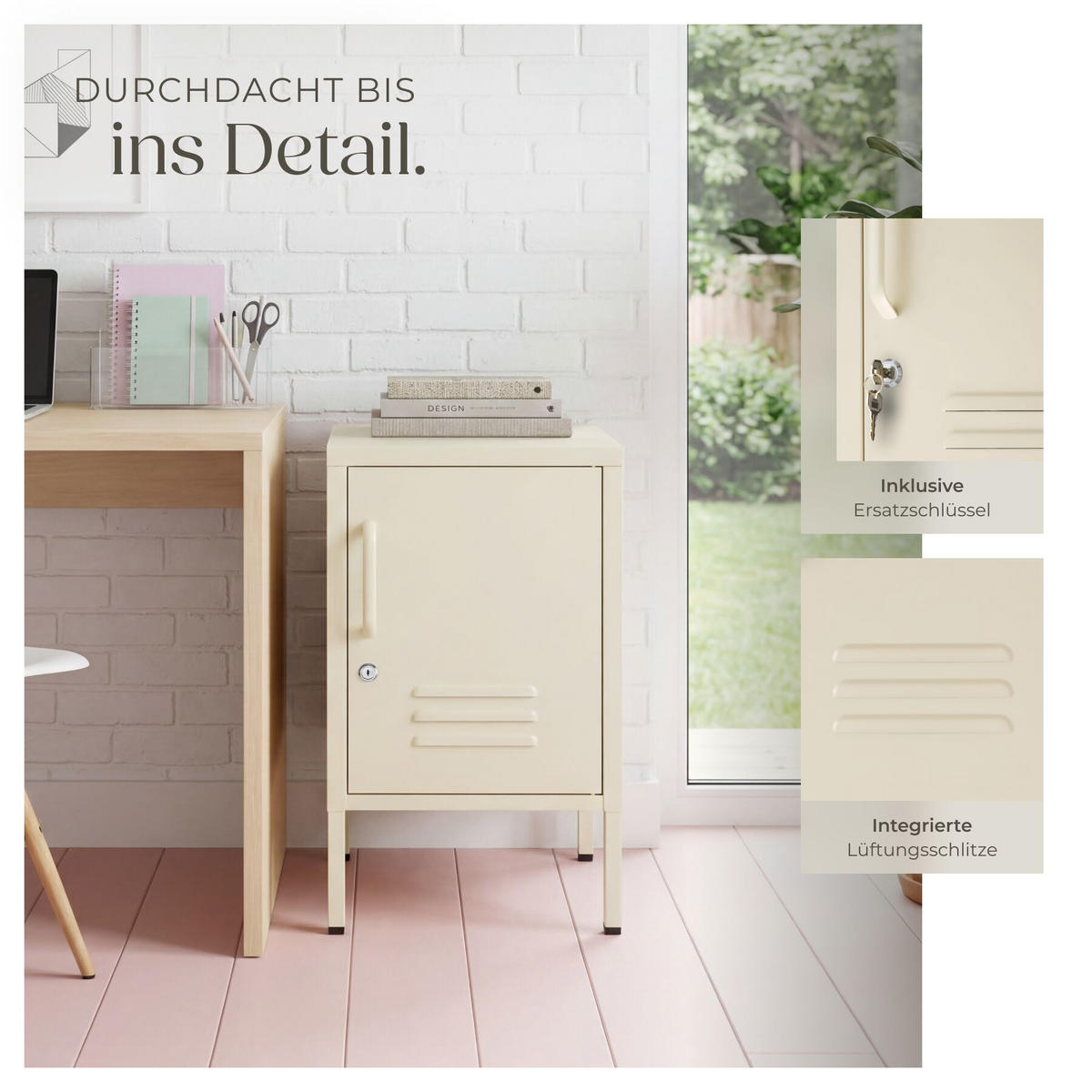 NACHTSCHRANK Baker, Kippschutz, höhenverstellbare Füße, creme - Creme, Metall (35/60.5/42.5cm) - tectake
