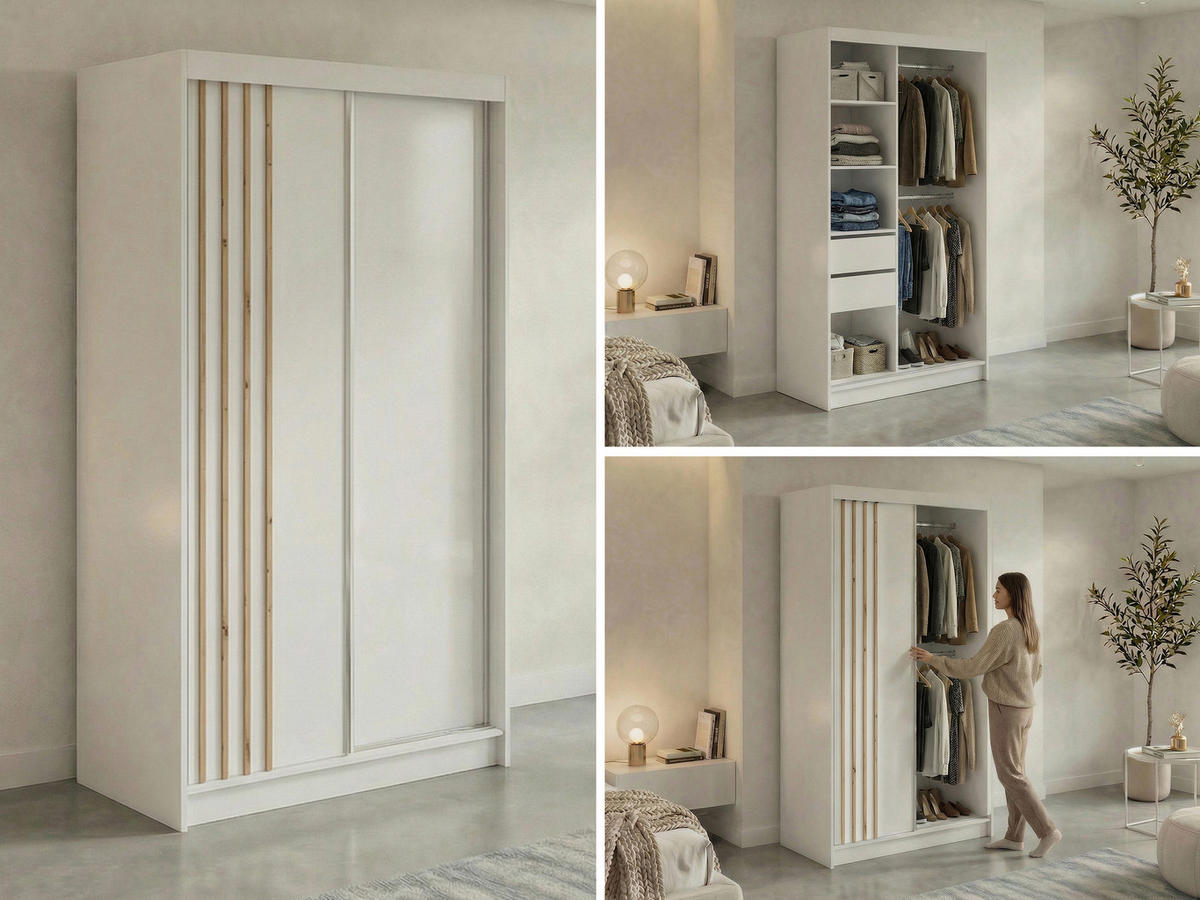SCHWEBETÜRENSCHRANK mit Lamellen und Schubladen NAURU - 120 - Weiß und Eiche Artisan - Alufarben/Weiß, Holzwerkstoff/Metall (120/216/61cm) - MKS
