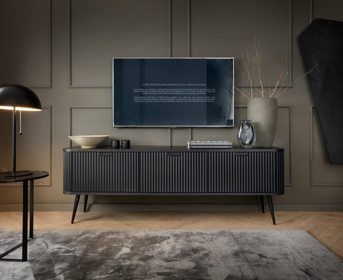 TV-SCHRANK "NOVA" Schwarz 154x39x56cm Geriffelt Regal, 2-Türen, Schublade, Gold Beine - Goldfarben/Schwarz, Holzwerkstoff/Kunststoff (168/56/39cm) - DomoHome