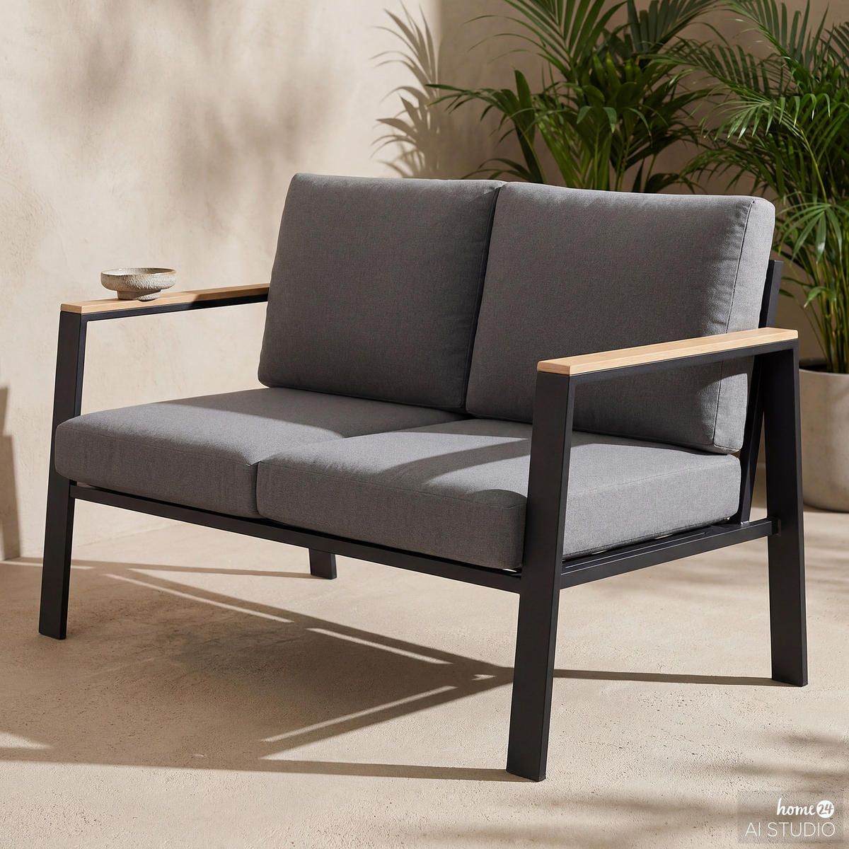 2-SITZER LOUNGESOFA - Aluminium / Polyester - Anthrazit - Anthrazit/Braun, Holz/Textil (132/74/75cm) - home24