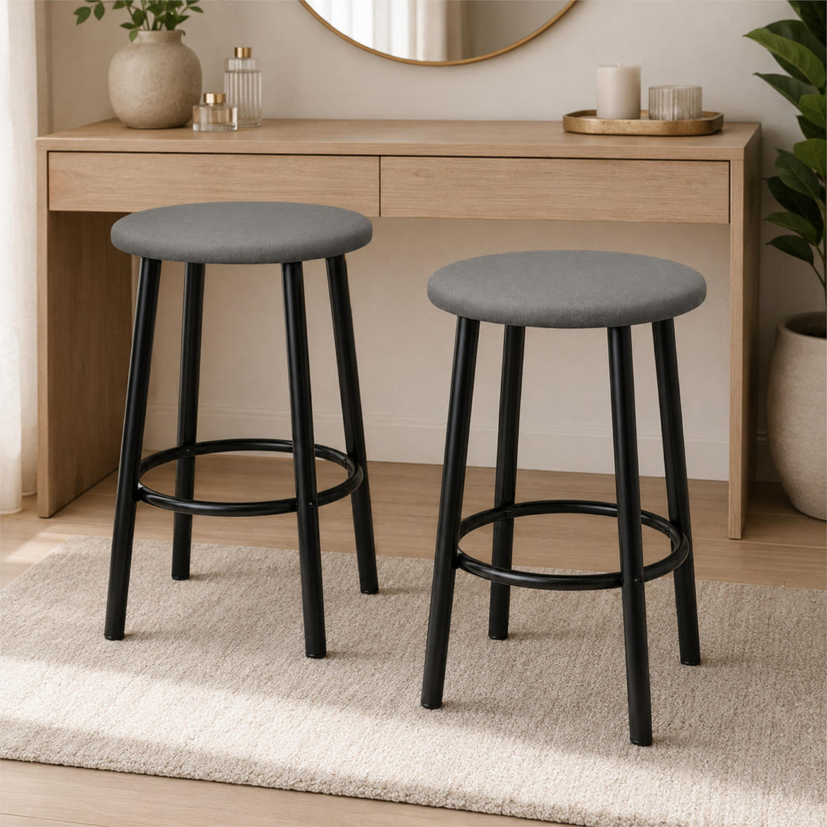 BARHOCKER 2er Set Kunstleder Metall Grau schwarz rund 35x35x48 cm - Schwarz/Grau, Metall (35/48/35cm) - Begryf