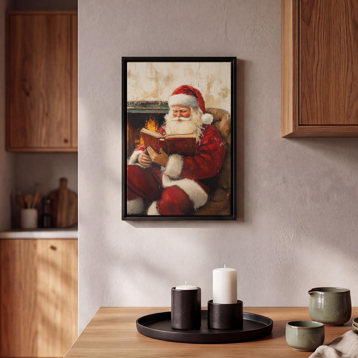 LEINWAND Bilder mit Rahmen - Weihnachten - Weihnachtsmann - Winter - Open Fireside - 20x30 - Dunkelrot, Textil (20/30cm) - MuchoWow