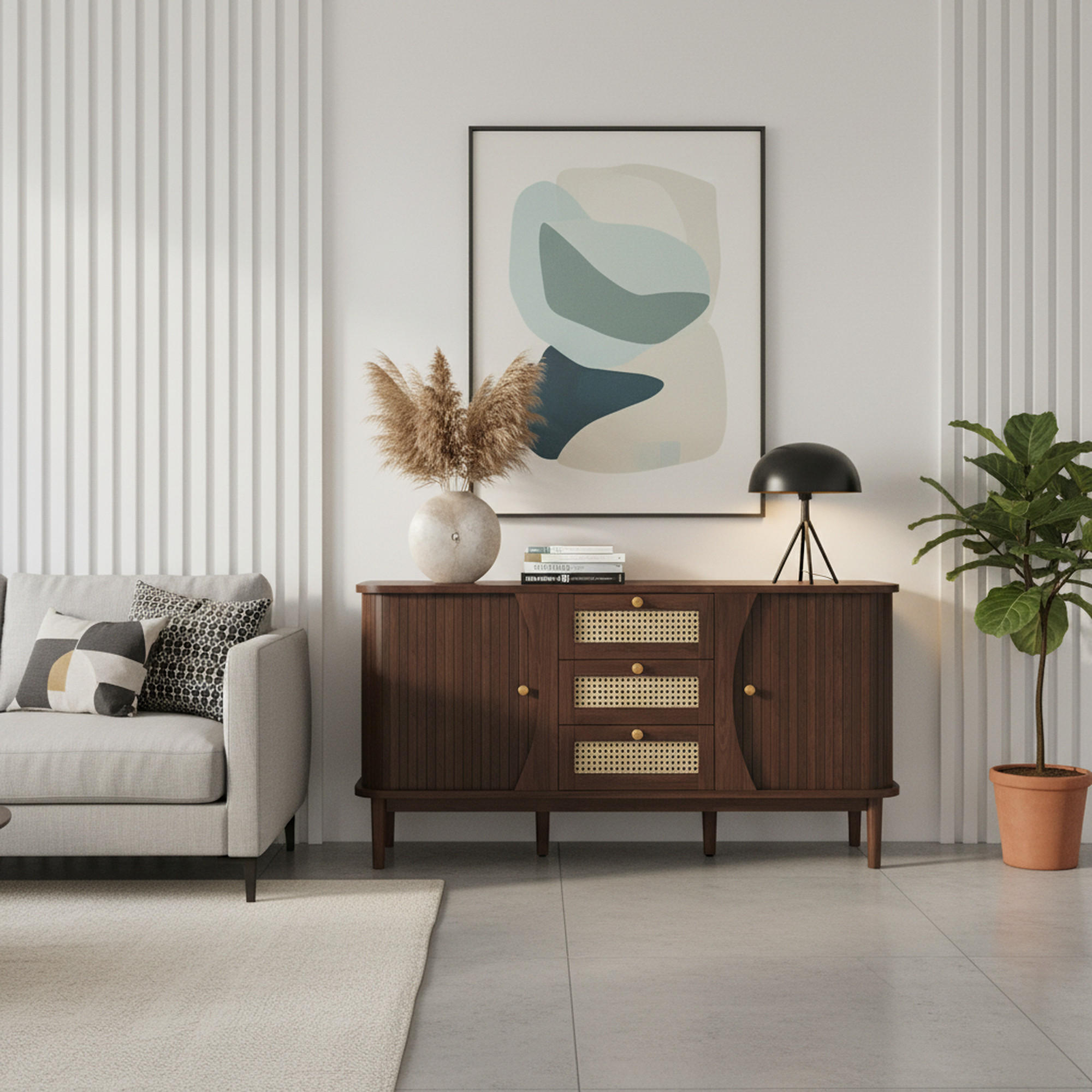 SIDEBOARD Walnuss Optik mit Rattan Schubladen und Schiebetüren - Walnussfarben, Naturmaterialien/Holzwerkstoff (140.5/73/40cm) - Urban Meuble