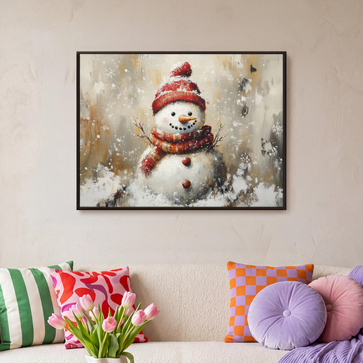 LEINWAND Bilder mit Rahmen - Schneemann - Winter - Schnee - Beige - 70x50 - Weiß, Textil (70/50cm) - MuchoWow
