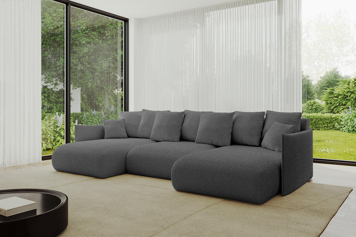 WOHNLANDSCHAFT mit Schlaffunktion und Bettkasten ONESK-U 317x177x72 Grau Bouclé - Platinfarben, Holzwerkstoff/Kunststoff (317/72/177cm) - ALTDECOR