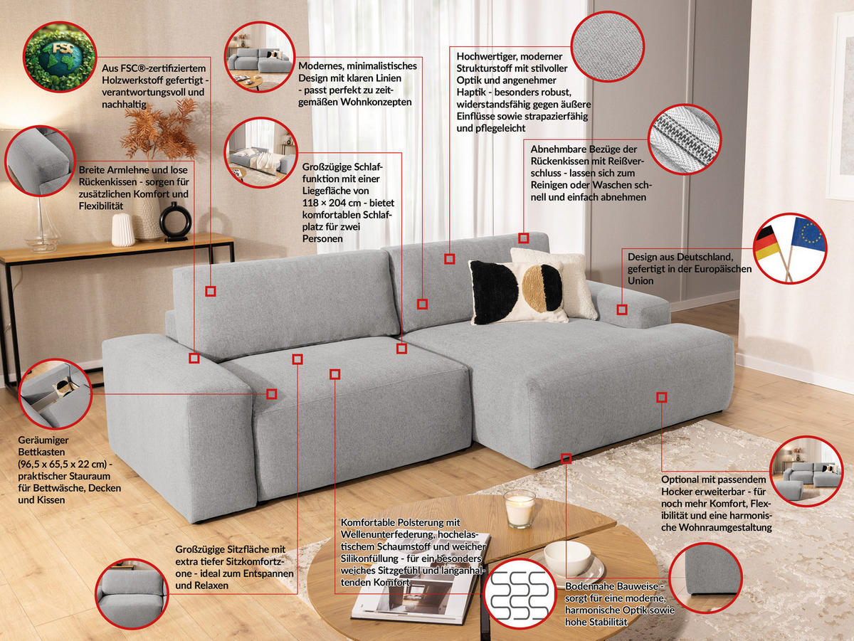 ECKSOFA Lennon aus Hellgrau Strukturstoff mit Schlaffunktion und Bettkasten - Hellgrau/Schwarz, Holz/Kunststoff (264/137cm) - S-Style