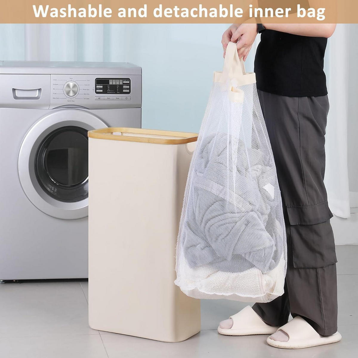 WÄSCHEKORB mit Deckel und Innentasche Beige 60L - Beige, Textil (23/66.5/41cm)