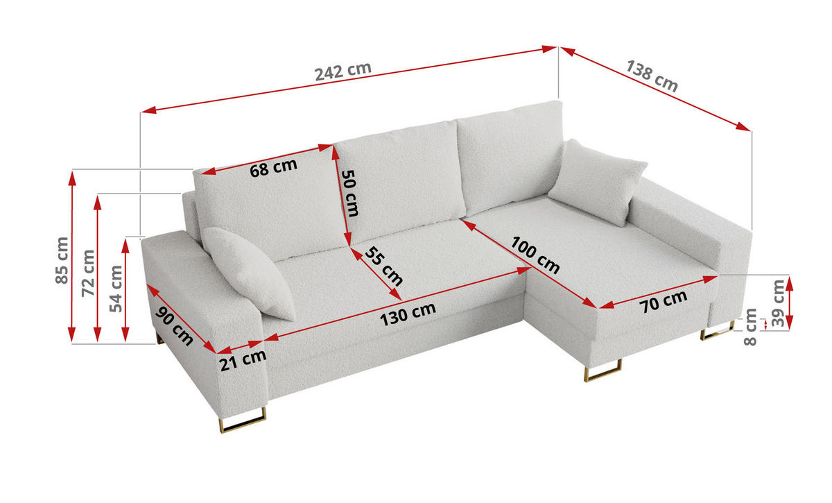 ECKSOFA Dorian Boucle Weiß - Goldfarben/Weiß, Textil/Metall (242/138cm) - MKS