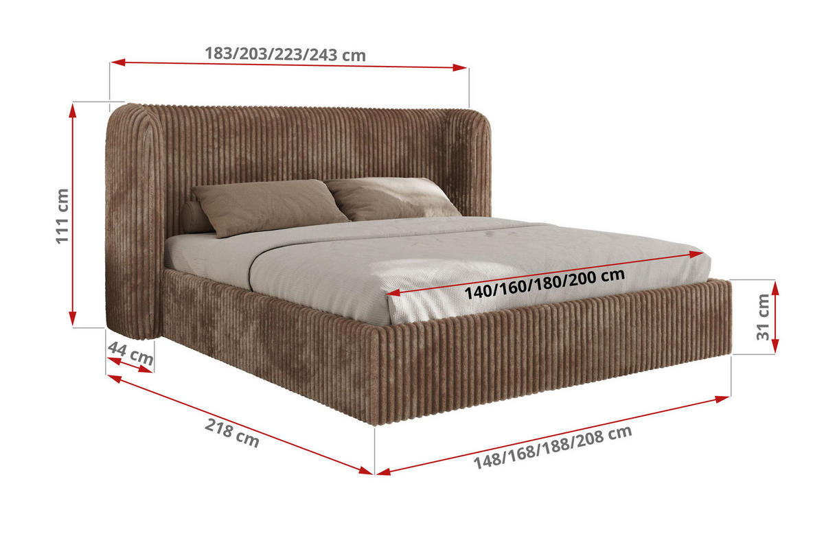 POLSTERBETT EMORA CLASSIC 180/200 - Braun Cord - Pocket-Matratze - Braun, Textil (180/200cm) - MKS