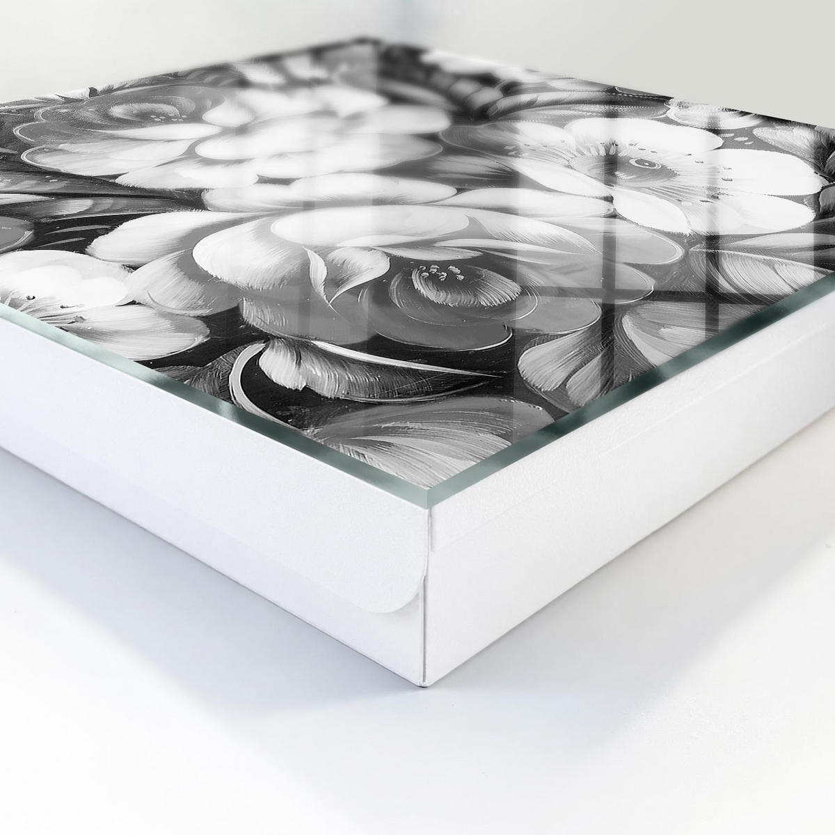 SCHLÜSSELBOX Weiß 30x30 cm – Türöffnung nach rechts - Monochromatische Blumen - Grau, Metall (30/30/5cm) - TULUP