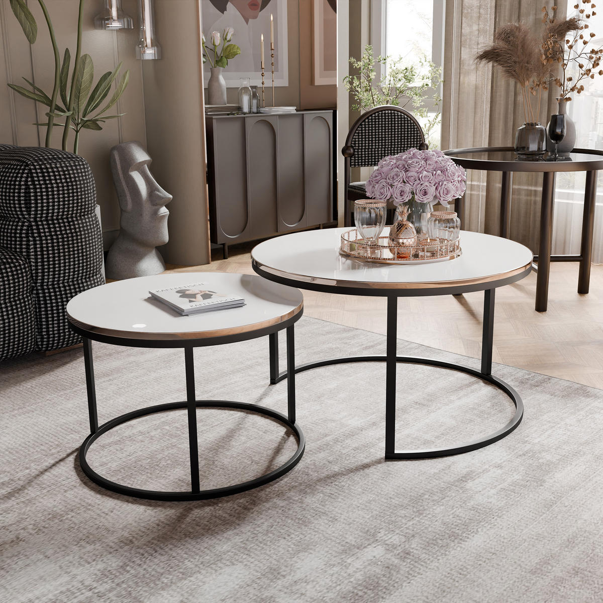 LAVO Couchtisch rund 2-in-1 mit goldenen Kanten, Hochglanz-Weiß - Weiß Hochglanz/Schwarz, Metall (70/70/48cm) - Idohome