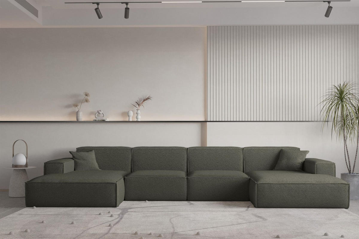 WOHNLANDSCHAFT Celes Premium Bukla - Jadegrün, Holzwerkstoff/Textil (379/73/165cm) - Fun Möbel