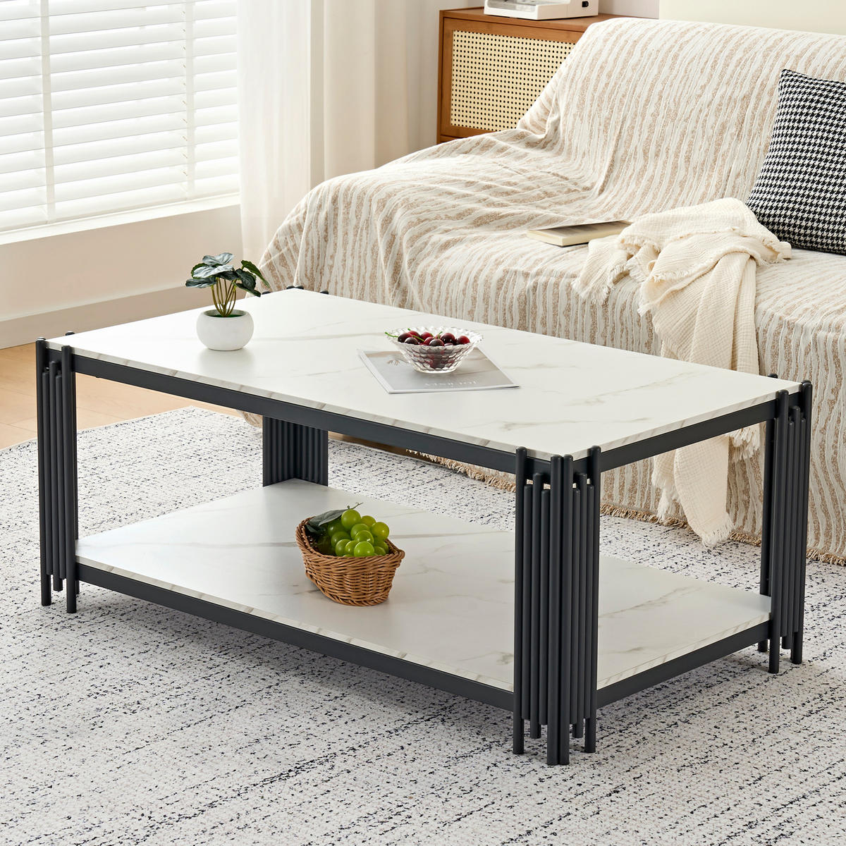 COUCHTISCH in Weiß-Schwarz Wohnzimmertisch mit Metallbeinen für Wohnzimmer, B140/T64/H46cm - Schwarz/Weiß, Holzwerkstoff/Metall (64/114/46cm) - STILVORA