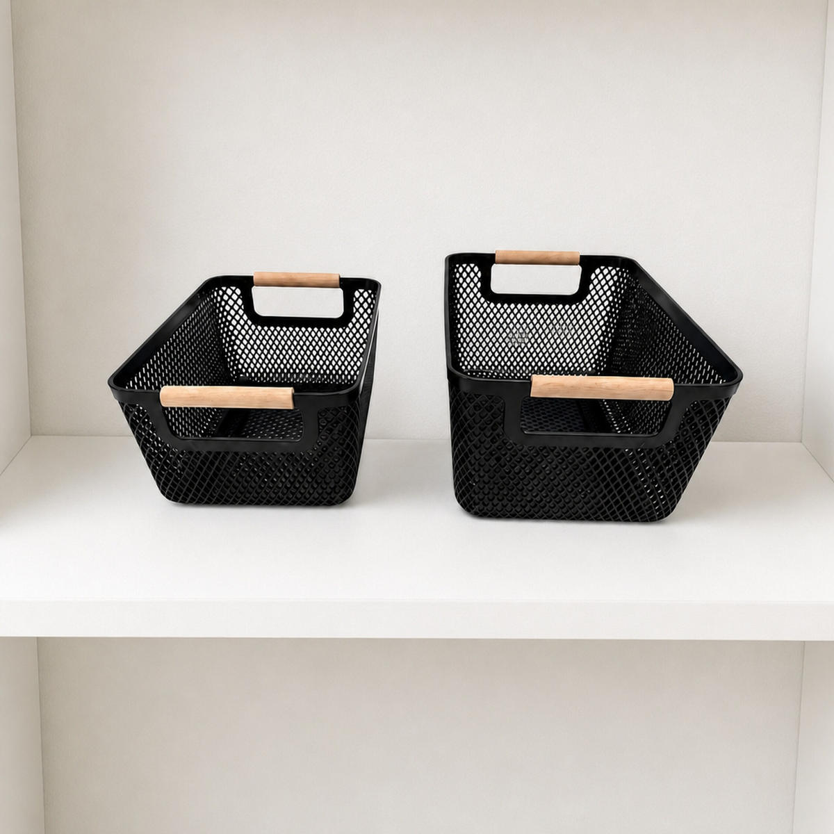 FÖRVARINGSKORG Svart 6-pack plast trähandtag storlek S - Svart, Trä/Plast (17.5/28.5/14cm) - Relaxdays