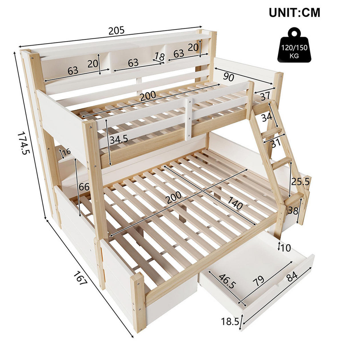 KAT KREVET 90x200cm + 140x200cm, položaj ljestava po izboru, bijeli + prirodni - bijela, drvo (90/200cm) - KOMHTOM