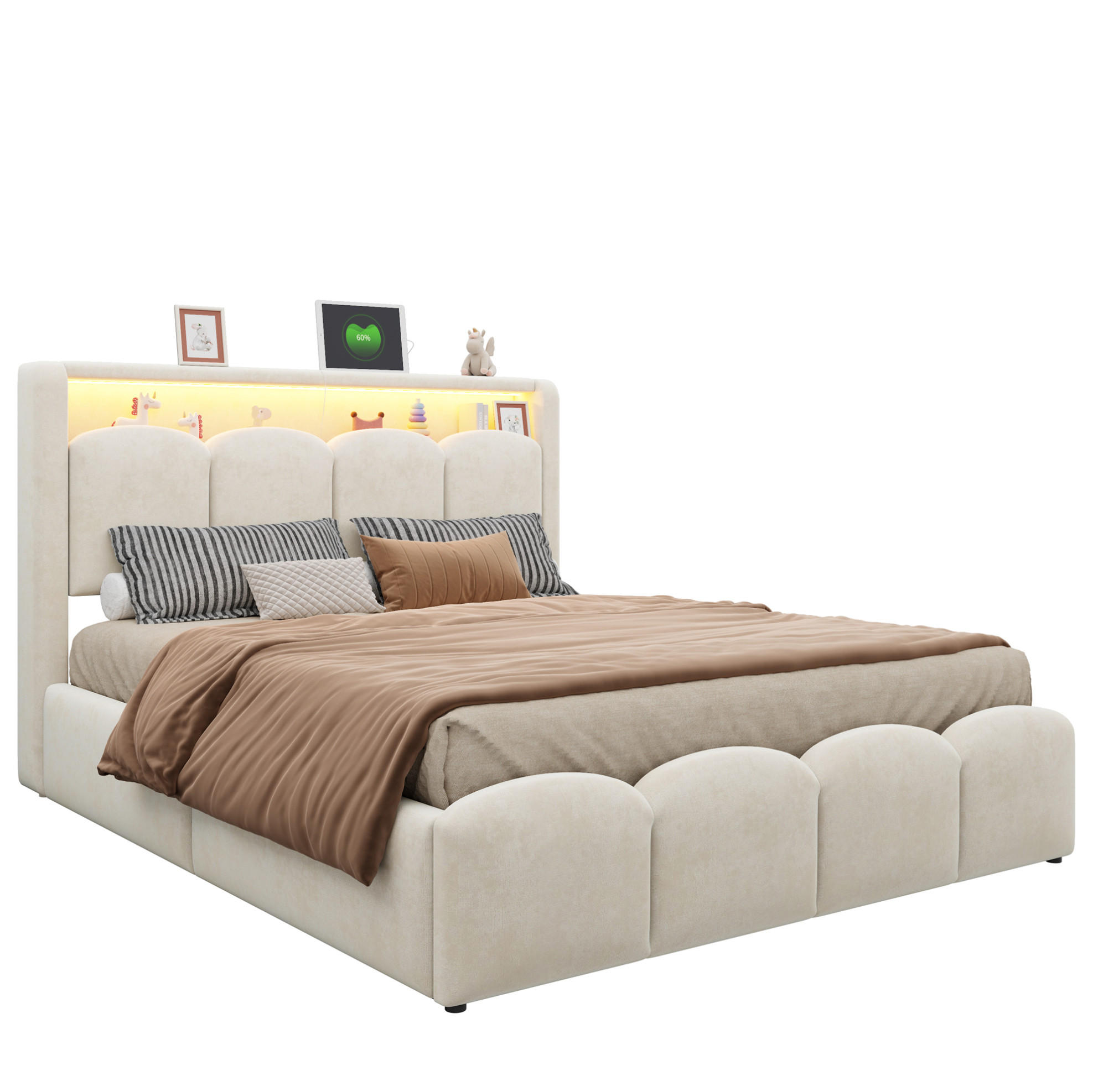 POLSTERBETT 140 x 200 cm mit LED-Beleuchtung, USB- und Typ-C-Anschluss, Stauraum und Samtbezug, Beige - Beige, Textil (140/200cm) - Redom
