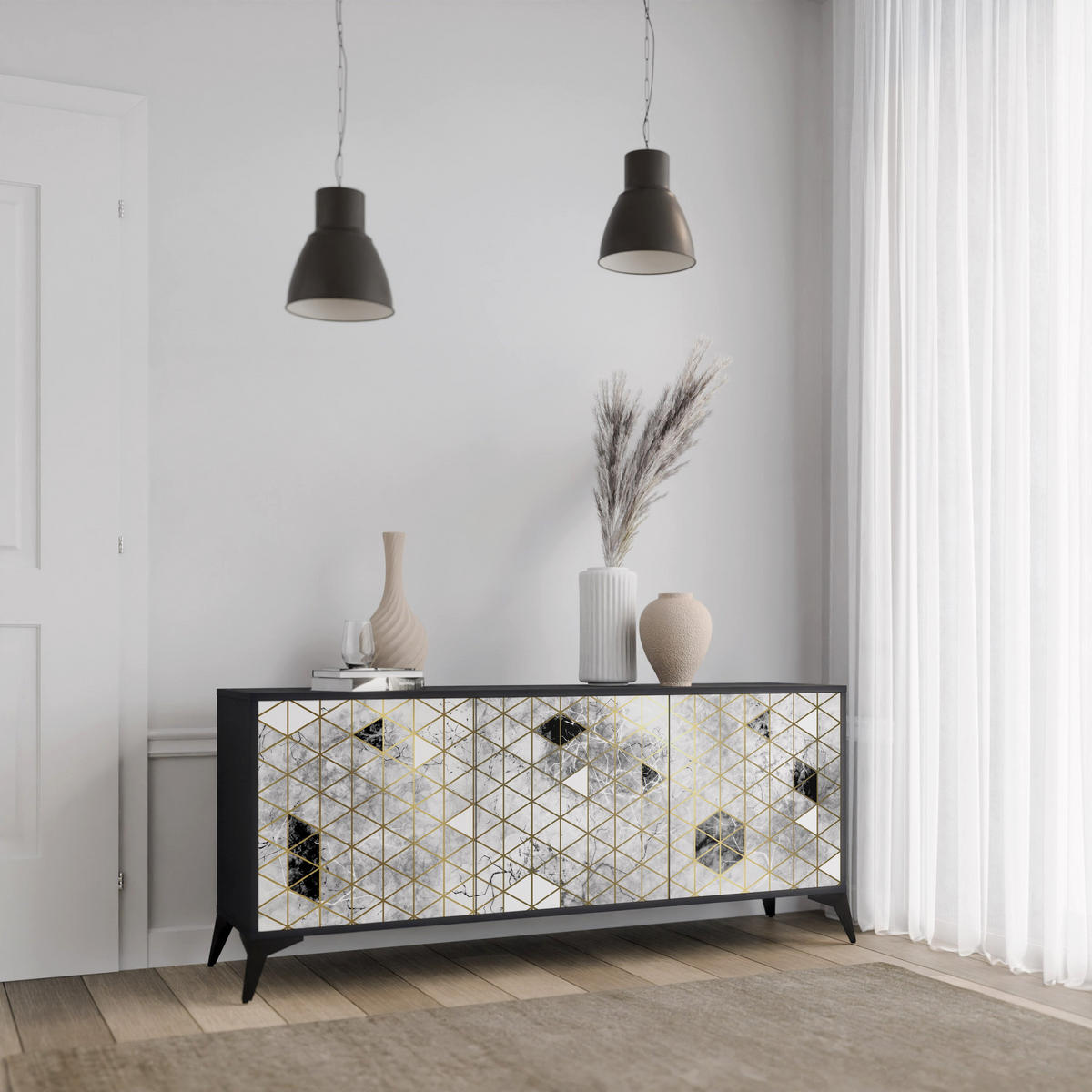 SIDEBOARD ASHEN ARIA, Eicheneffekt, 164,5x42x77,5 cm, 3 Türen - Eichefarben/Buchefarben, Holzwerkstoff/Buchenholz (164.5/77.5/42cm) - SpaceRebels