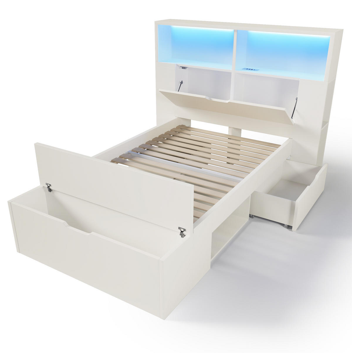 BETT 90x200 cm in Weiß mit LED & USB-C-Ladeanschlüssen - Weiß, Holzwerkstoff (90/200cm) - Modfu