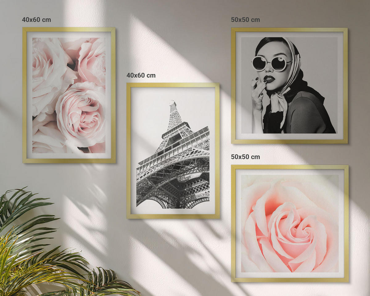 WANDBILDER 4er Set - 50x50 cm & 40x60 cm Goldrahmen - Eiffels Porträt einer Frau mit Rosen - Goldfarben, Kunststoff (50/50cm) - ArtPrintCave