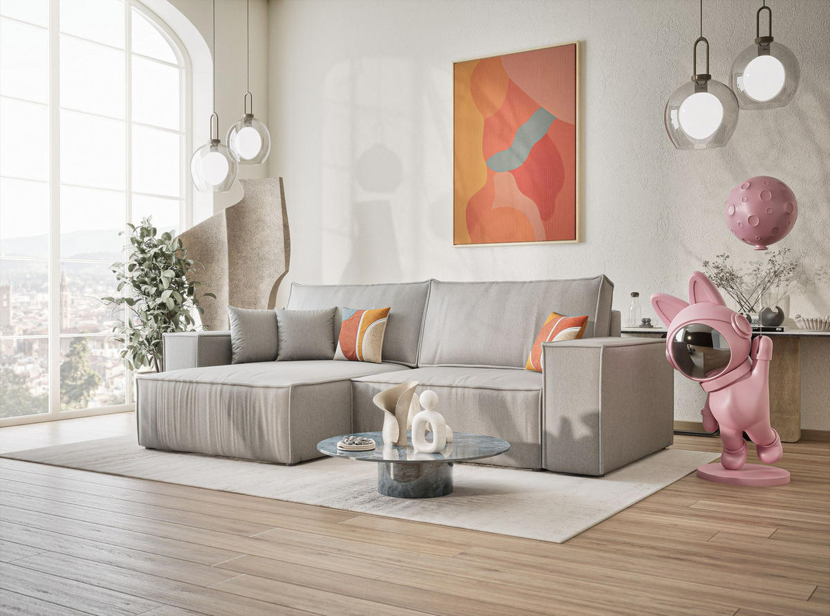 ECKSOFA MIT SCHLAFFUNKTION Zaya Hellgrau Webstoff - Hellgrau/Schwarz, Holz/Holzwerkstoff (255/148cm) - Maison de Reve