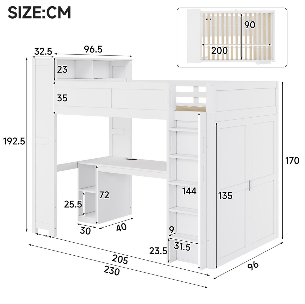 HOCHBETT aus Kiefernholz 90x200 cm Weiß mit Schreibtisch, Kleiderschrank, LED-Beleuchtung und USB-Anschluss - Weiß, Holzwerkstoff (90/200cm) - Modfu